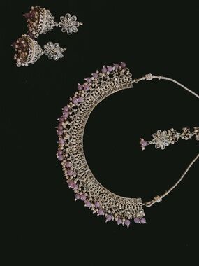 Elegant Silver-Tone Necklace Set with Lavender Beads - Women Jewelry